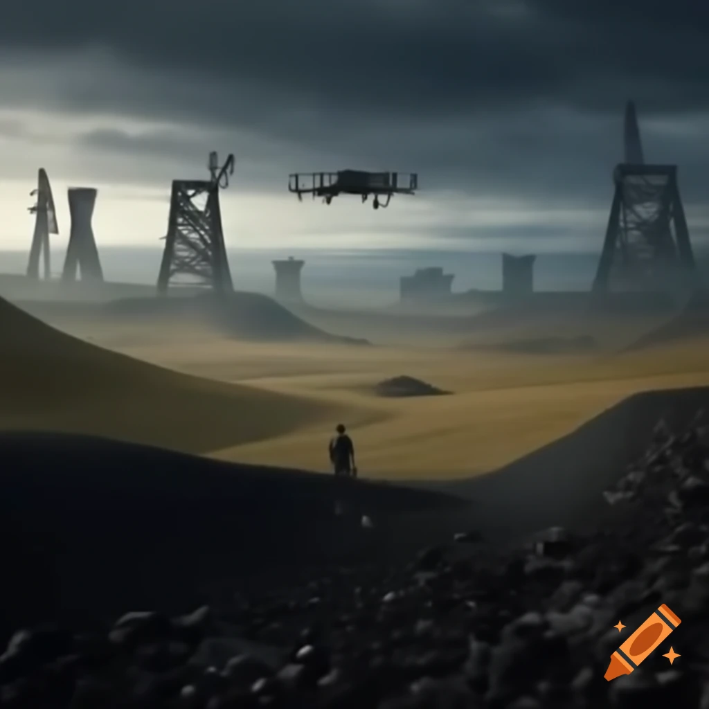 Vast steppe landscape with coal heaps and mining towers under gloomy sky