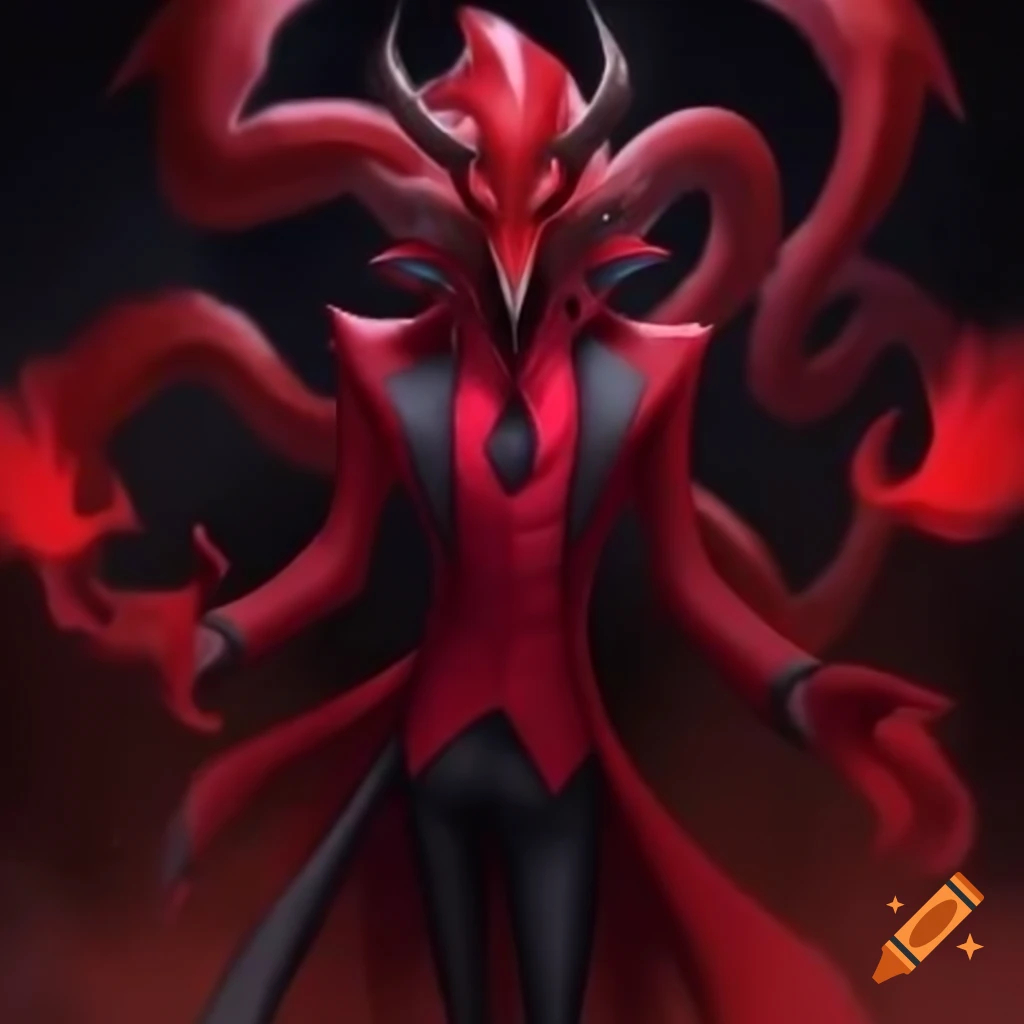 Imposing serpentine demon in crimson suit with multiple tails from Hazbin Hotel