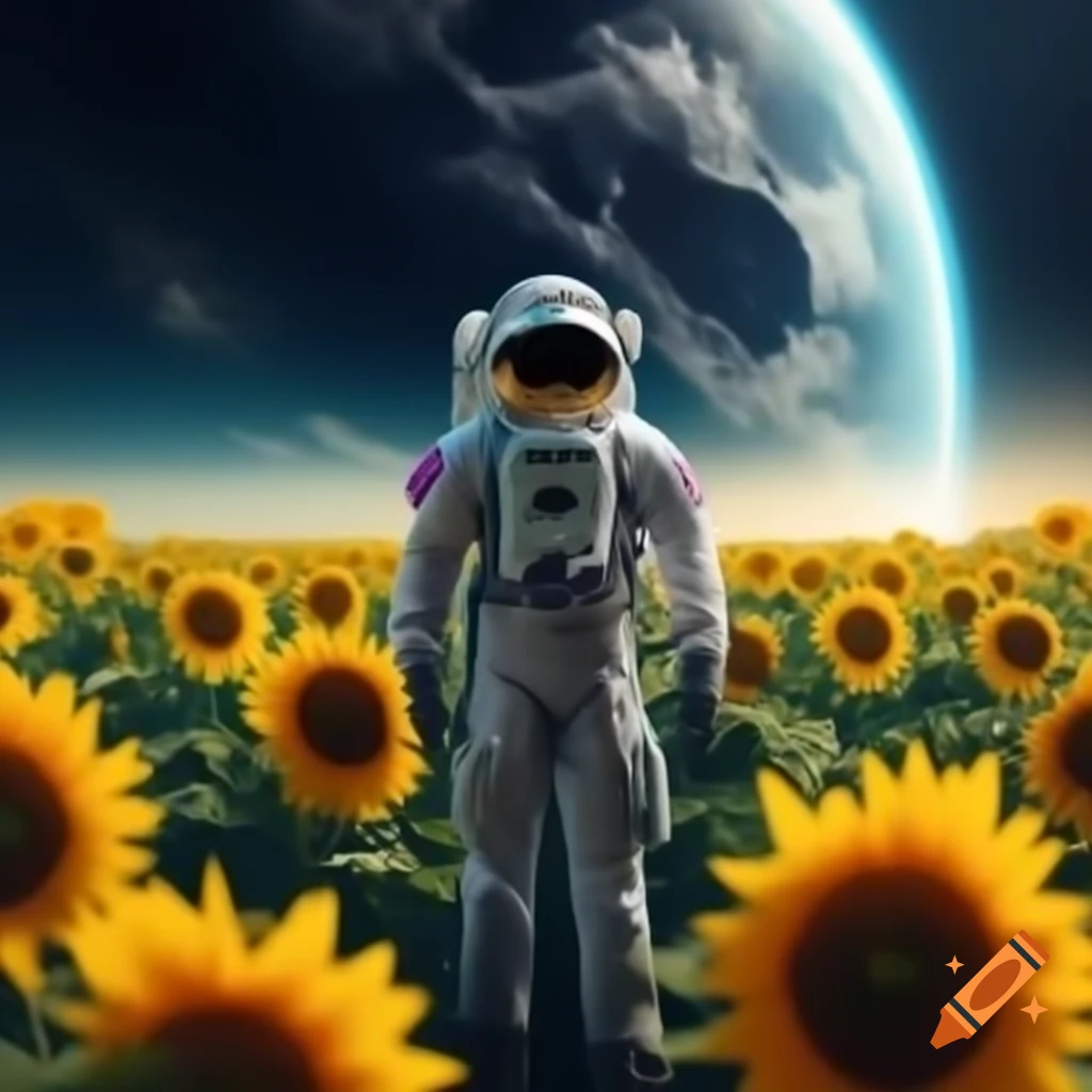 Astronaut in sunflower field with planet in blue sky background
