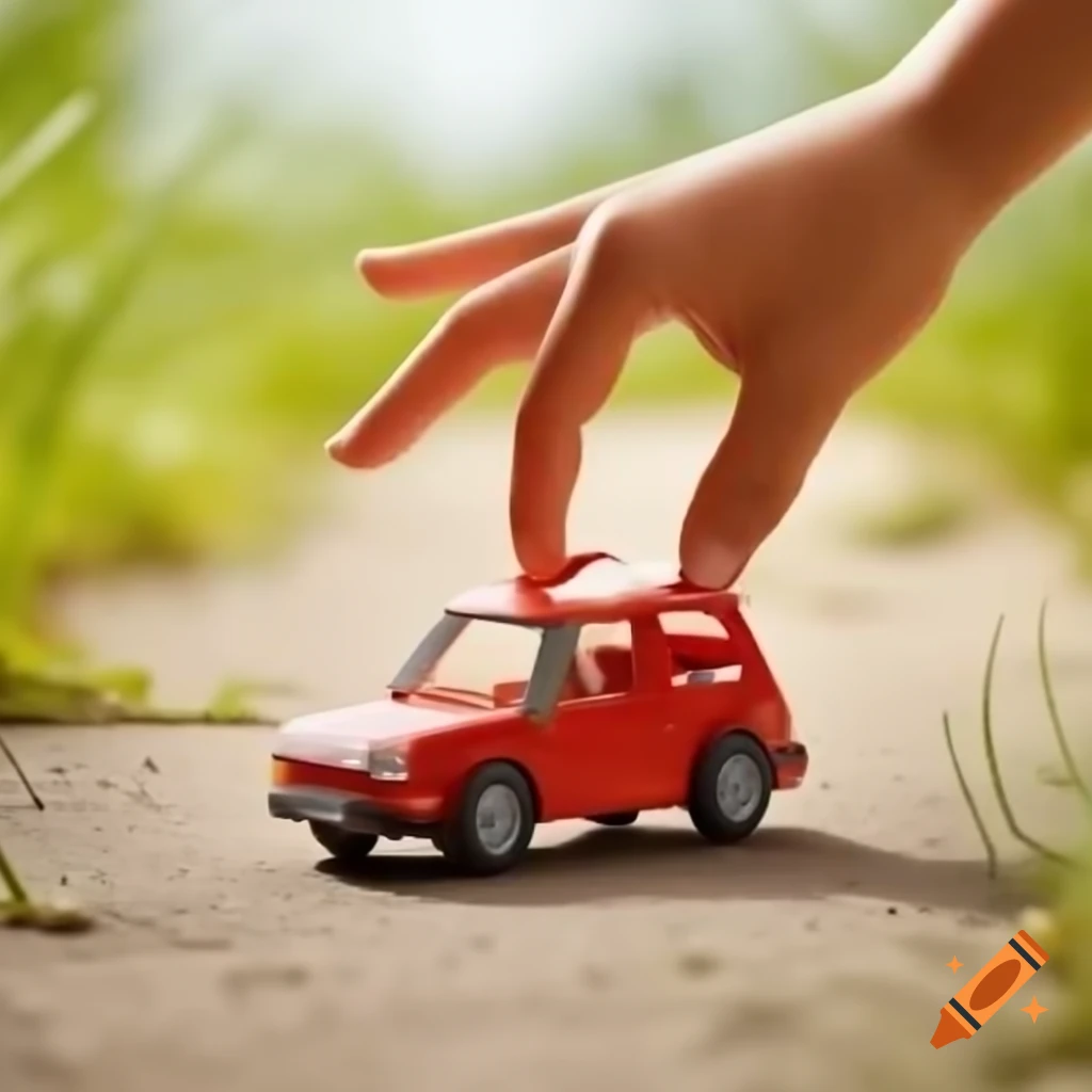 Adult hand pushing tiny Playmobil car along a path