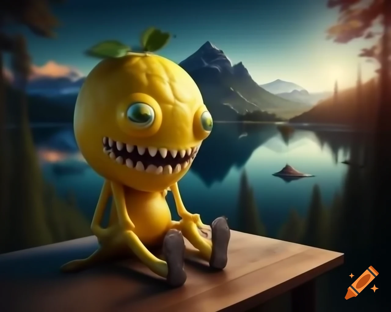 Surreal lemon sculpture with human face in forest setting