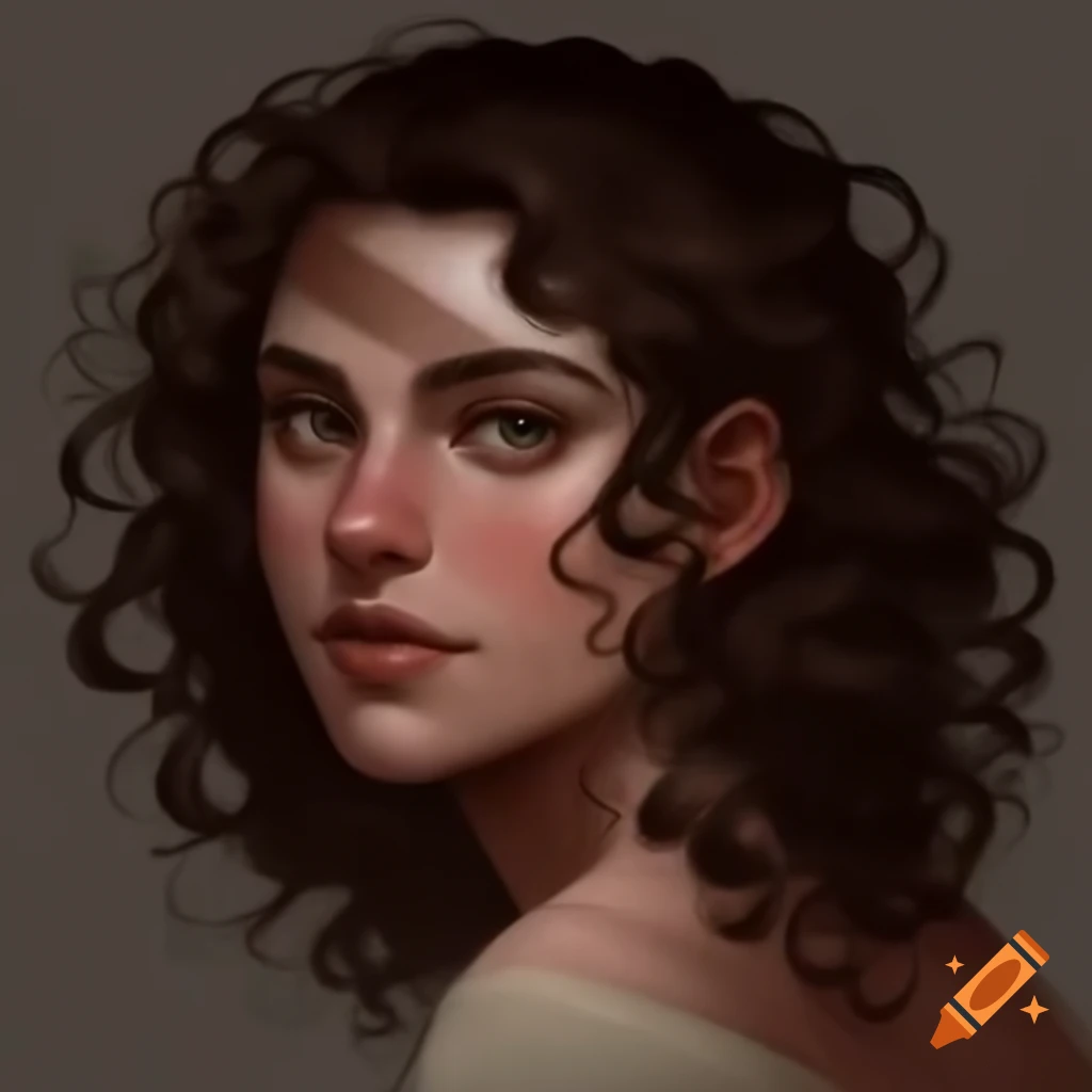Medieval peasant woman with curly brown hair and leaves in her hair, charming flat painting style