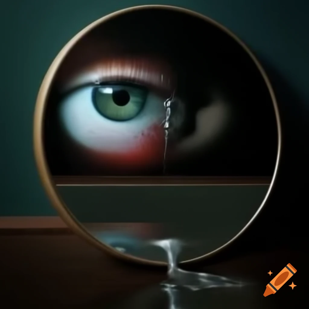 Surreal artwork featuring a floating human eyeball and its reflection in a mirror