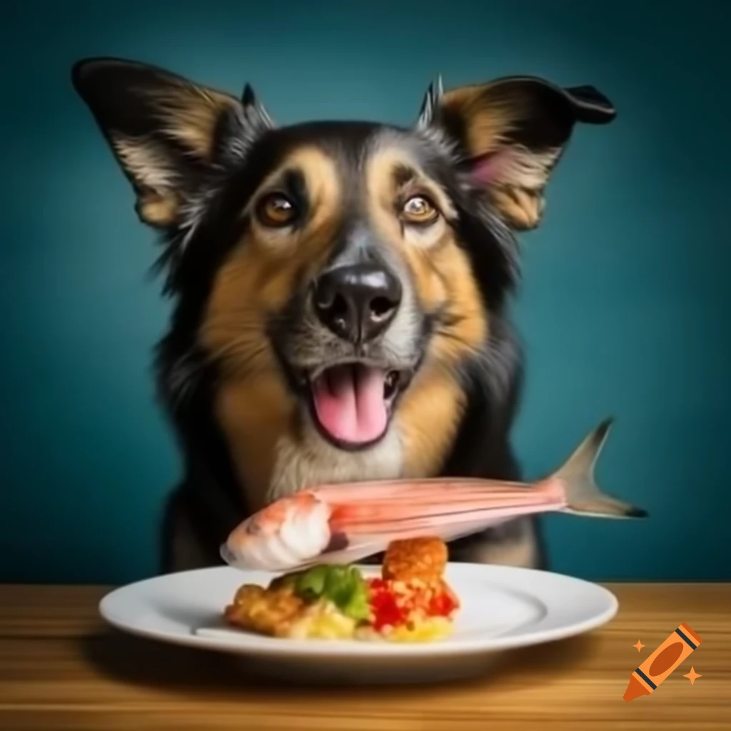 Playful dog looking at fresh fish catch of the day