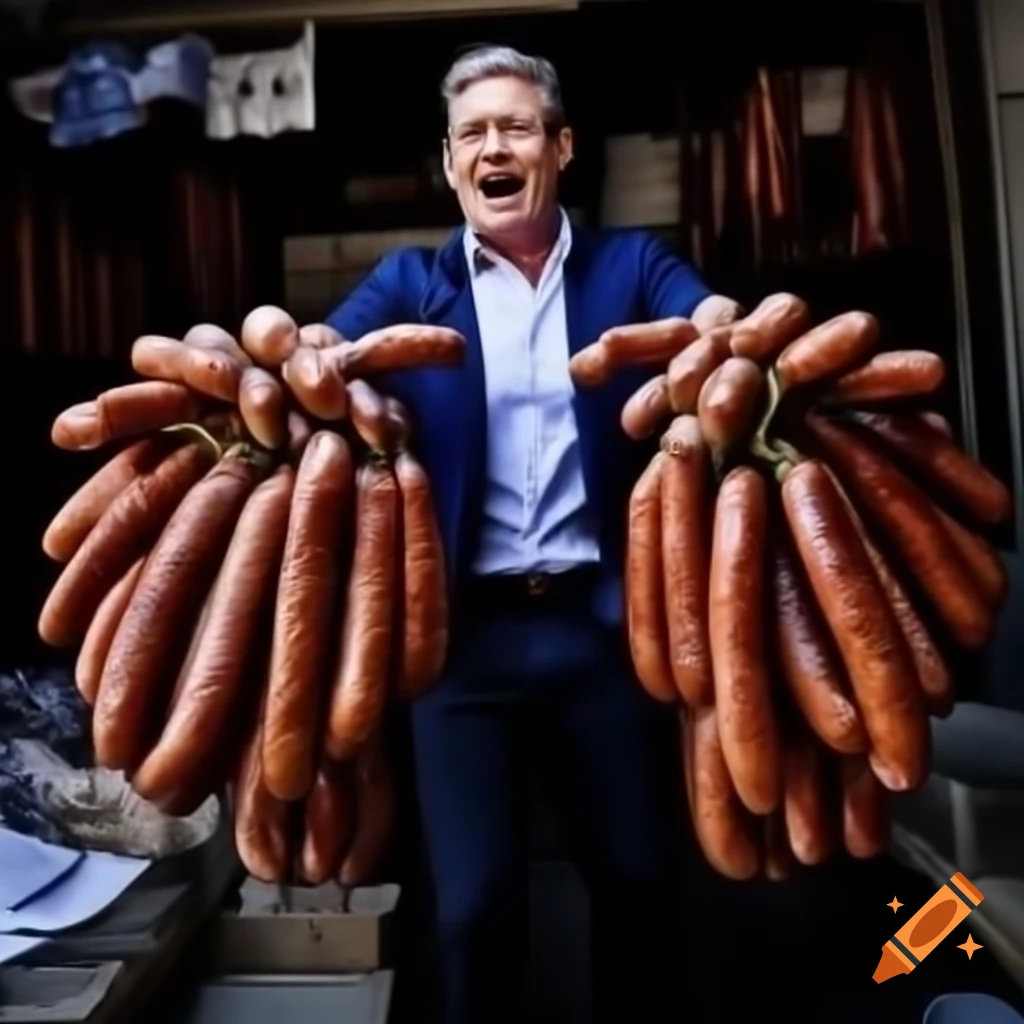 Kier Starmer holding sausages in Gaza setting
