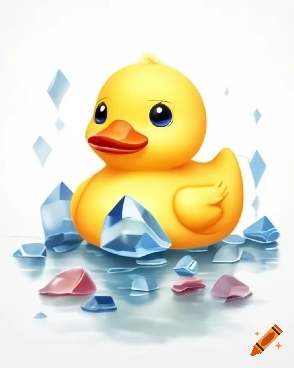 Female rubber duck holding crystals on white background
