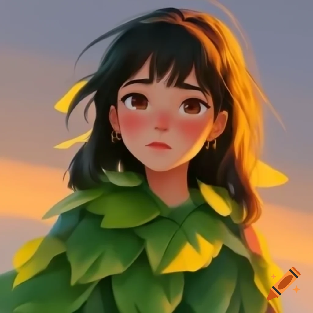 Anime woman wearing a dress made of leaves