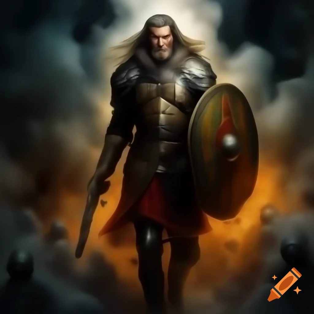 Figure in yellow plate armor with shield and pistol amidst smoke of warfare