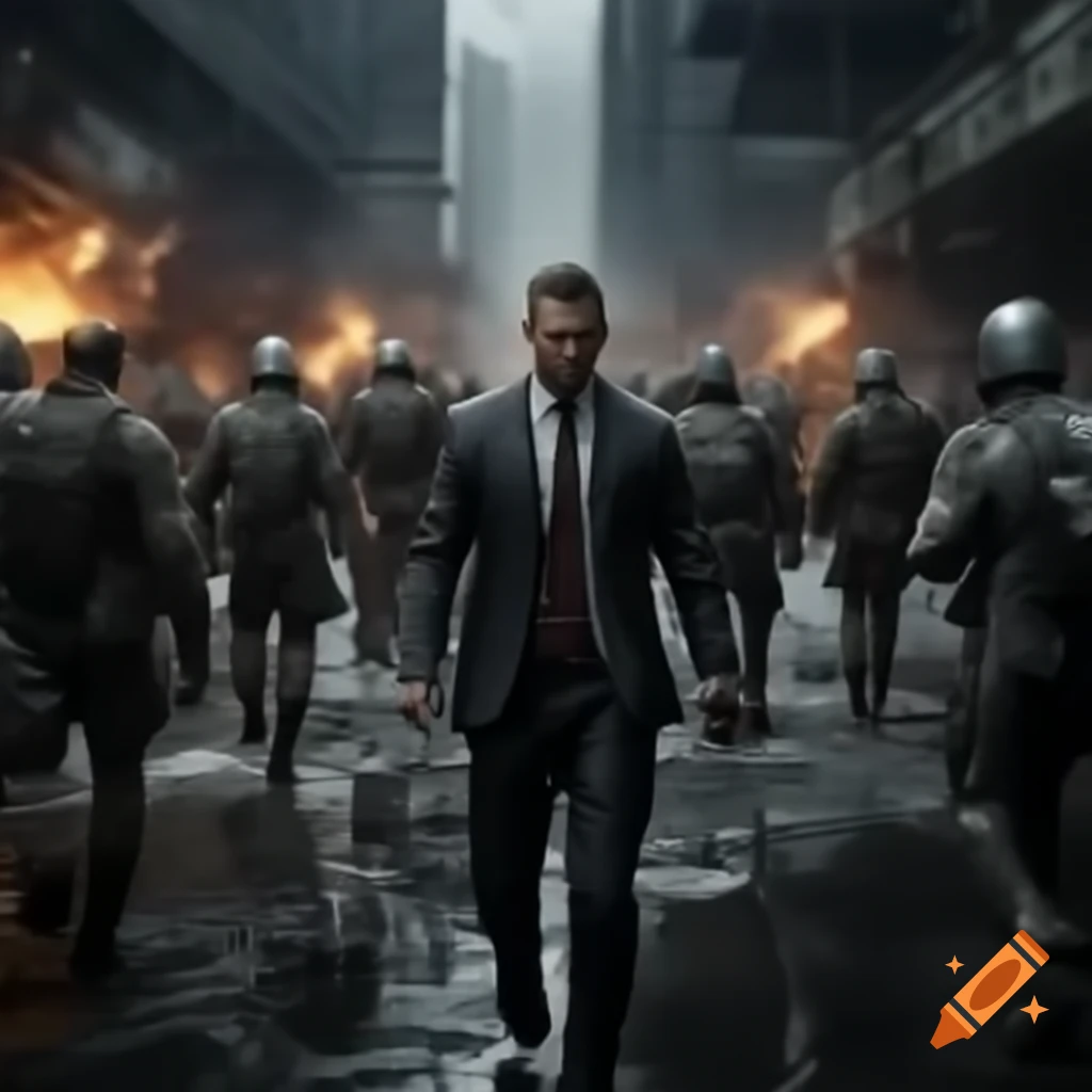 Apocalyptic scene with men in suits in a fight against raiders