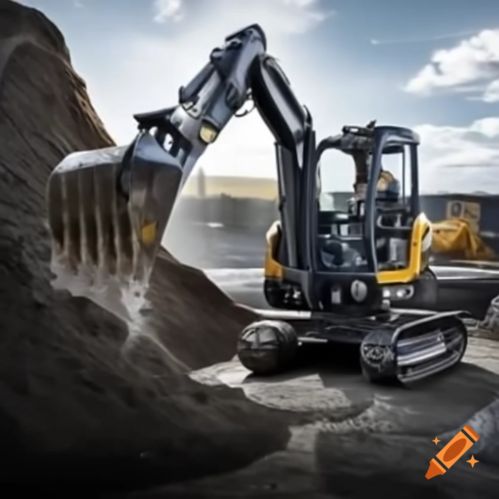 Mini excavator at construction site with worker adding hydraulic fluid