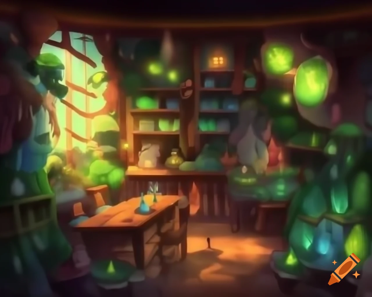 Magical wizard's leafy cafe with dramatic anime lighting and cascading plants