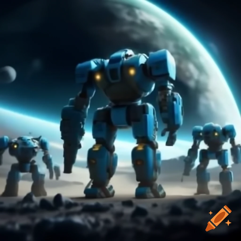 Three blue robot warriors on a vast planet