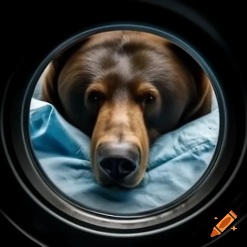 Bear trapped in a washing machine, humorous scene