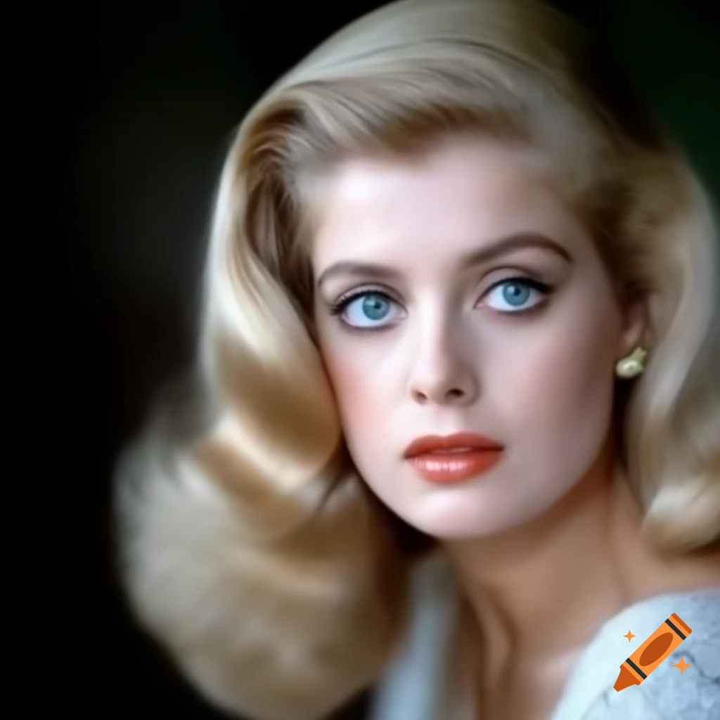 Hyper-realistic portrait of a charming European actress from 1963 with porcelain skin and blue eyes