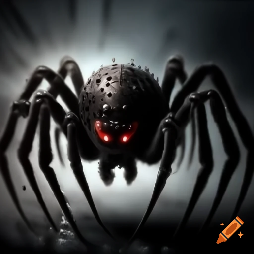 Monstrous black spider with red eyes on white background