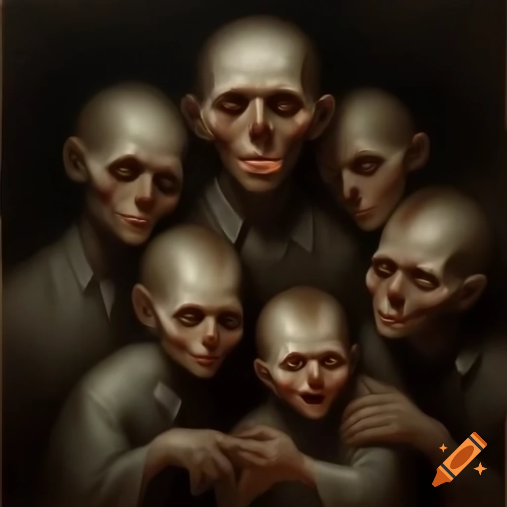 Eerie antique painting of aristocratic family with distorted features