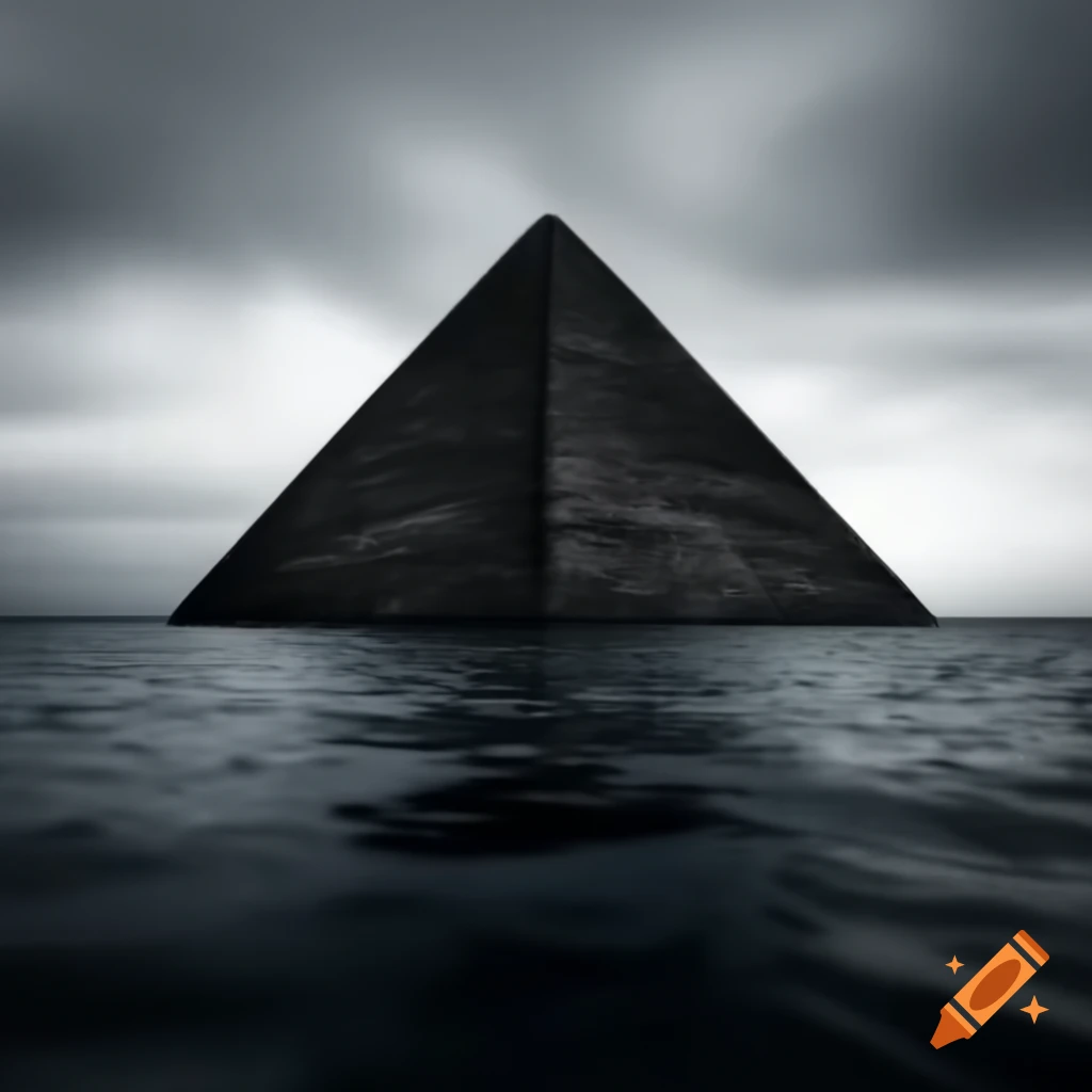 Inverted black pyramid hovering over calm ocean under grey cloudy sky