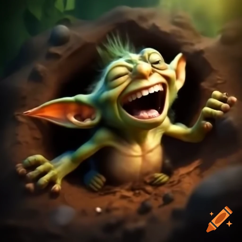 Little goblin laughing inside hole in the ground