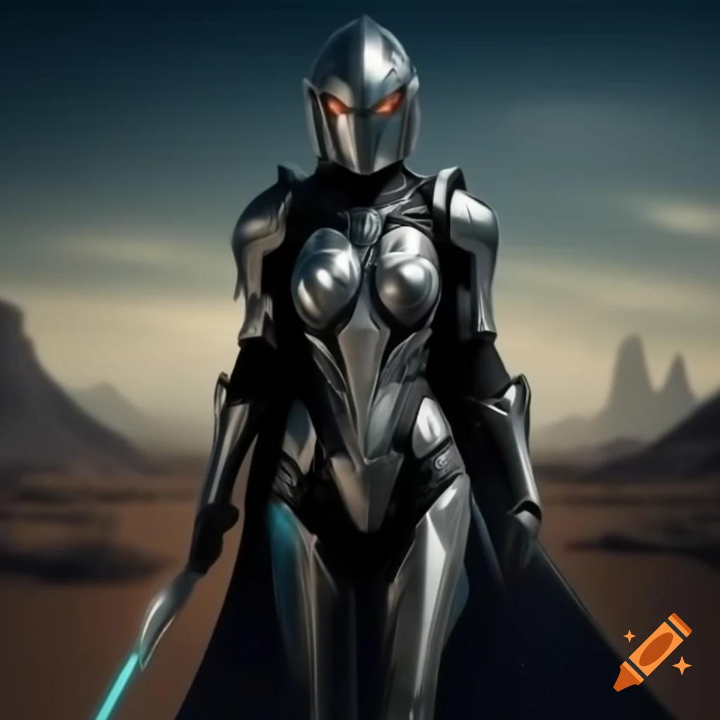 Futuristic knight standing in a desolate wasteland