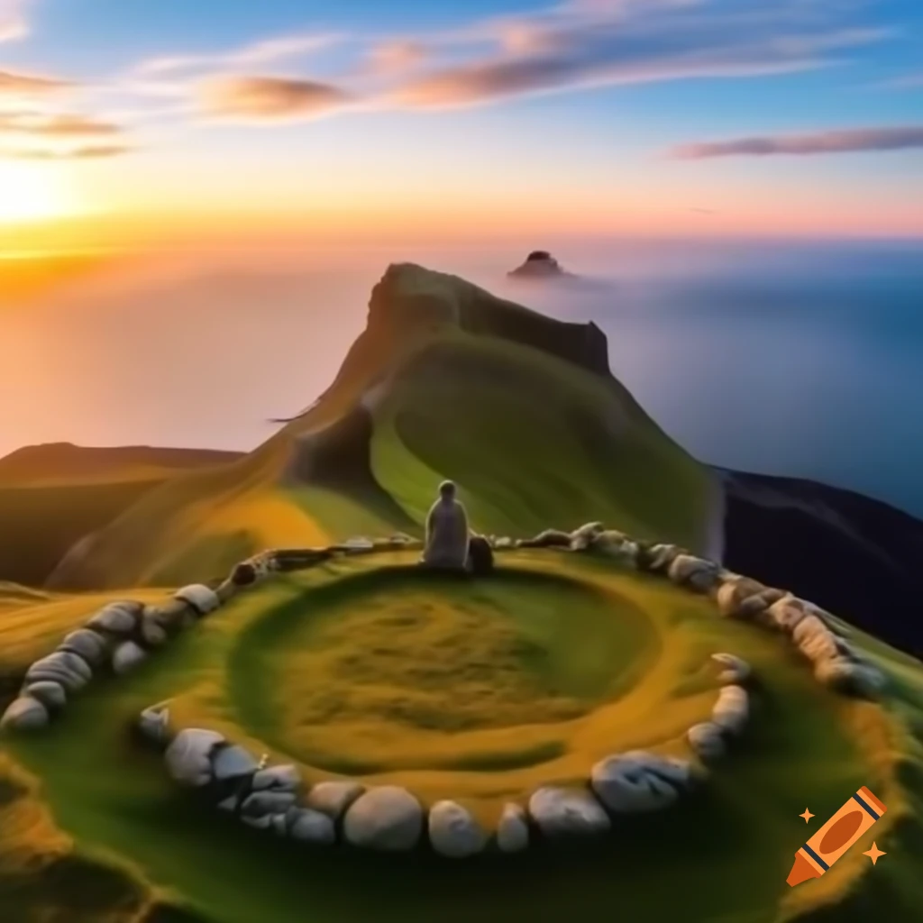 Warlock on mountain cliff overlooking ocean at sunrise with stone circle