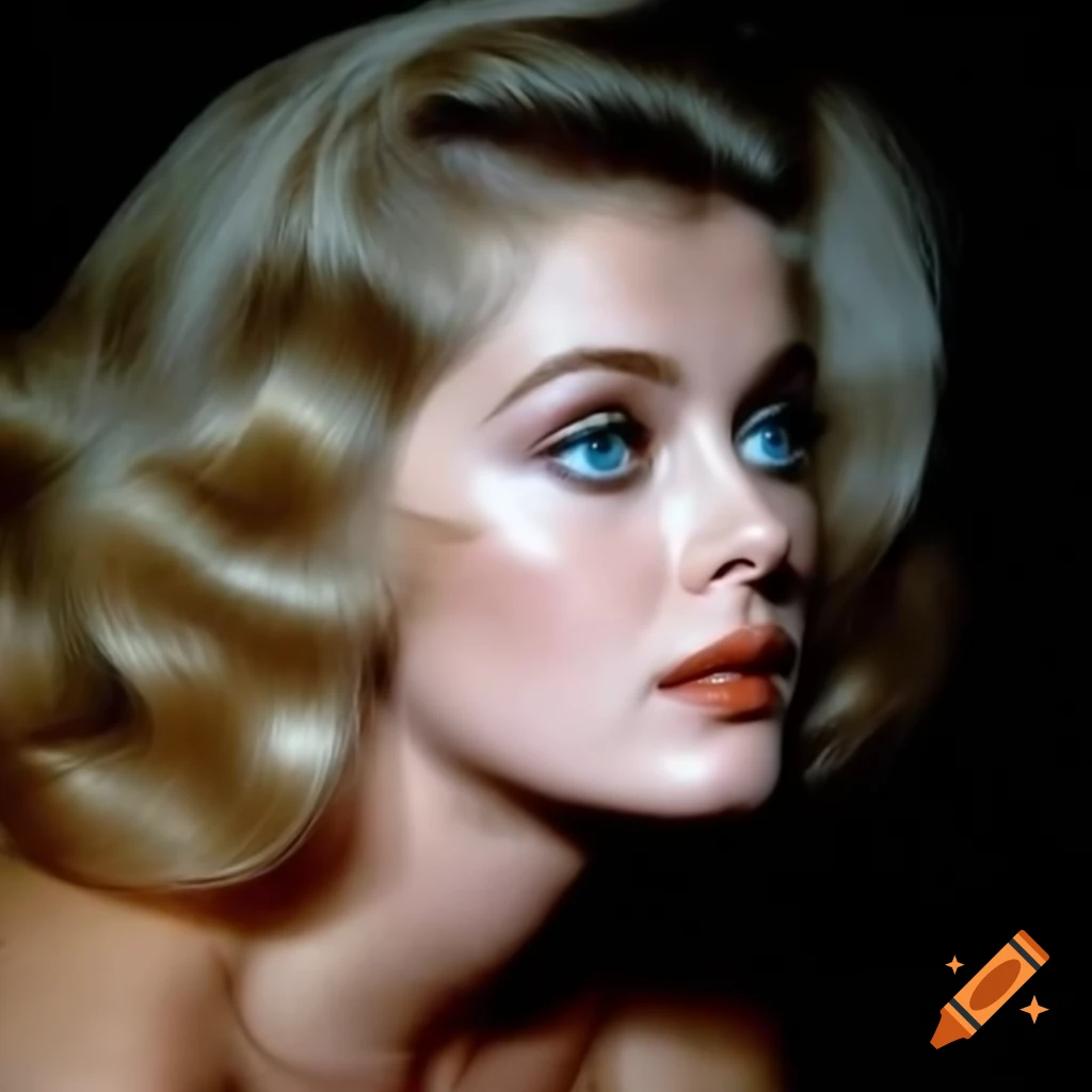 Hyper-realistic photograph of a charming European actress from 1963 with porcelain skin and striking blue eyes