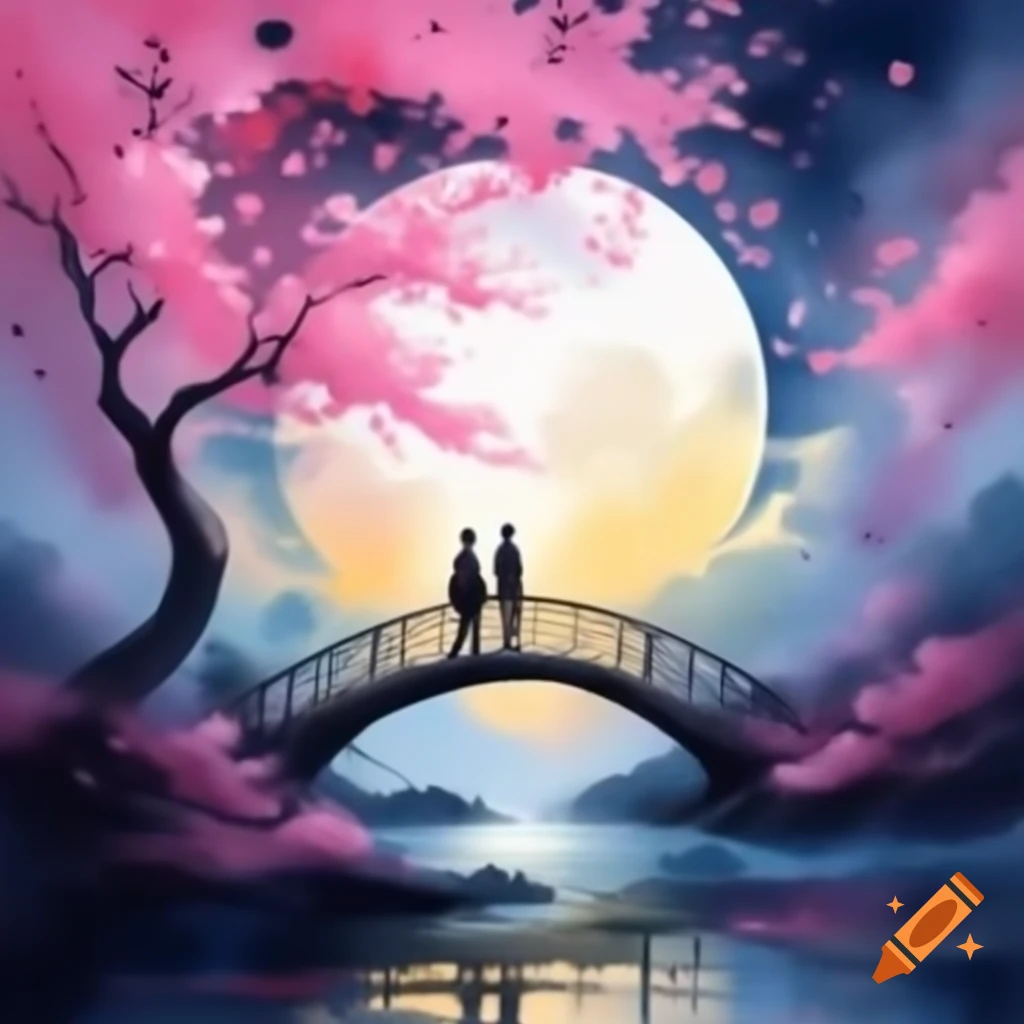 Watercolor of couple on arched bridge under cherry blossom tree with floating petals and a large moon