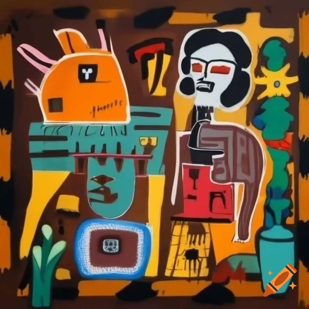 Medieval zoo painting in Jean-Michel Basquiat style