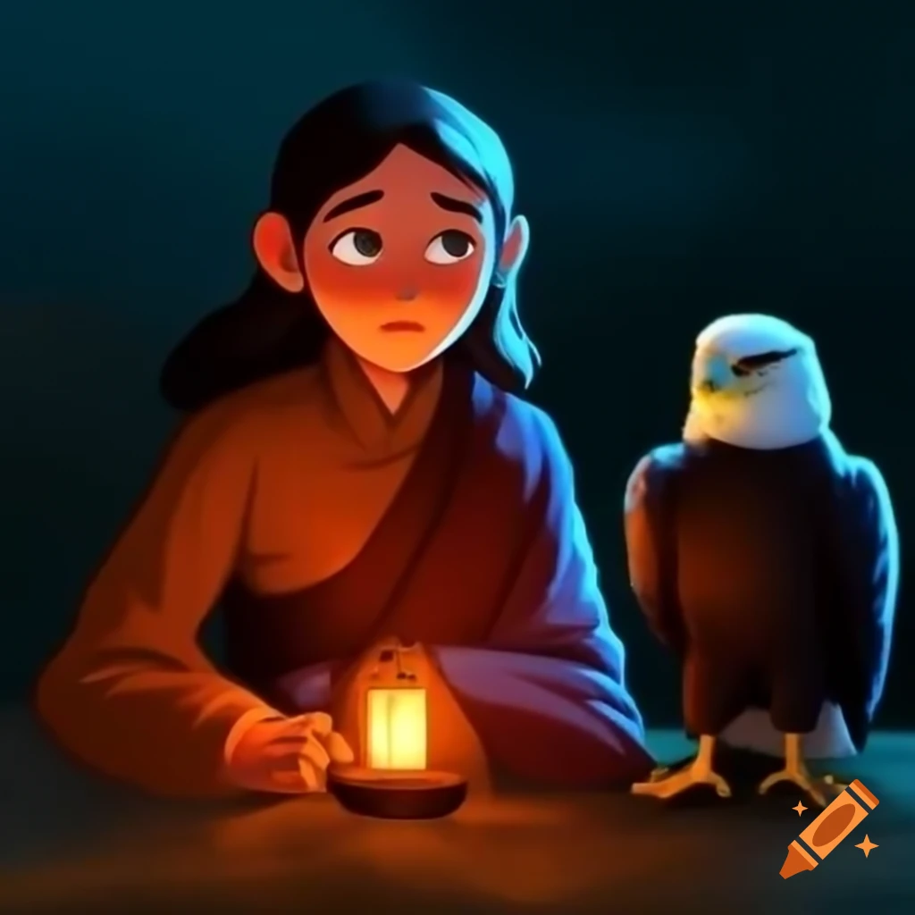 Fair-haired woman in monk's robe holding a lamp with eagle on shoulder, featuring blue-green and red-orange colors