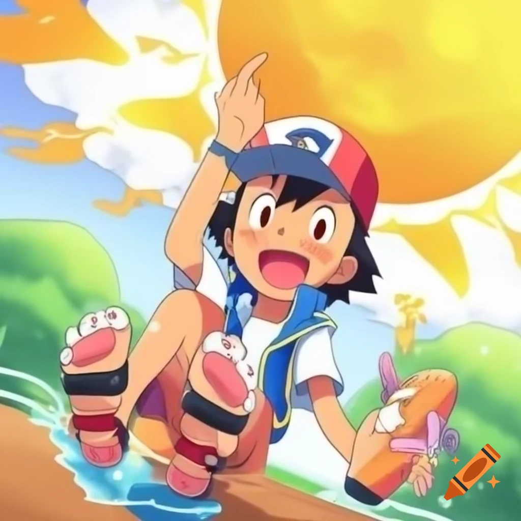 Ash Ketchum wearing sandals on sunny adventure