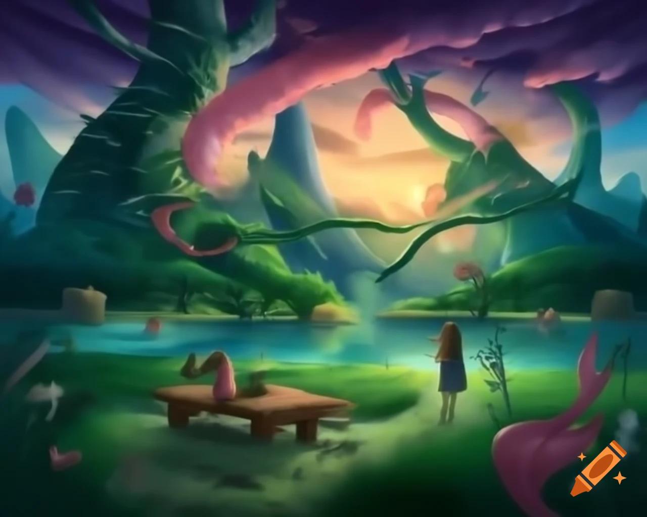 Surreal realm with porcelain fairy goddess in enchanted forest