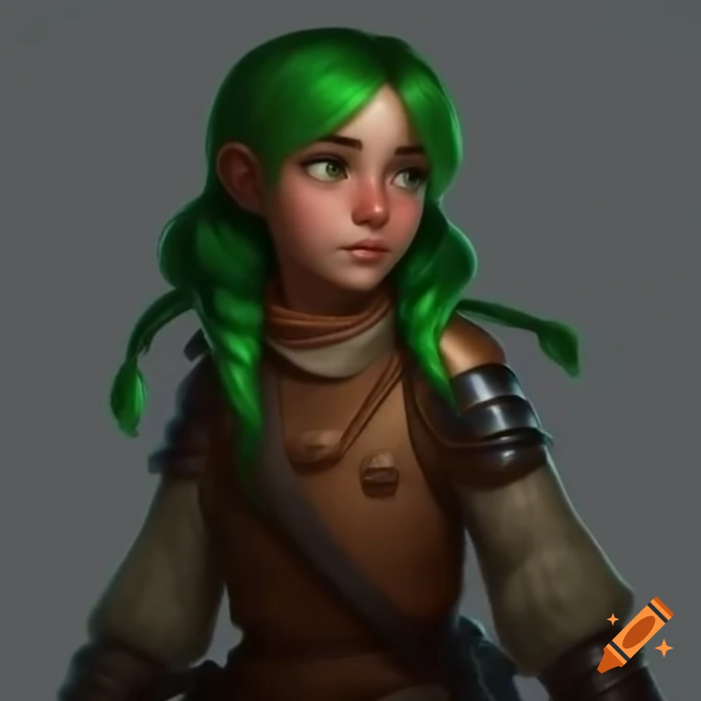 Young woman ranger with green hair and leather armor, wearing a long green cloak