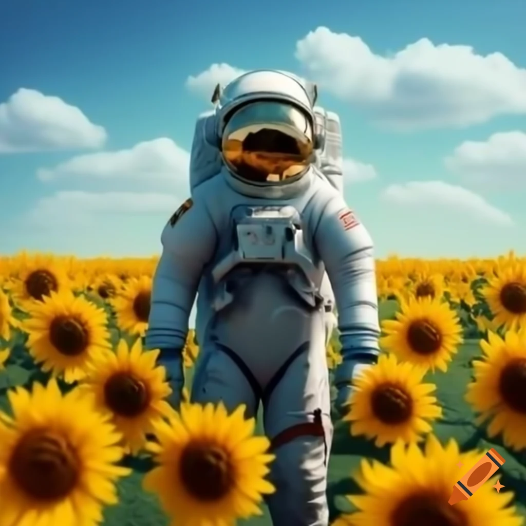 Astronaut in sunflower field with blue sky and clouds, helmet visor reflecting flowers