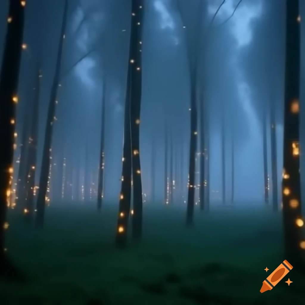 Foggy forest with distant party lights