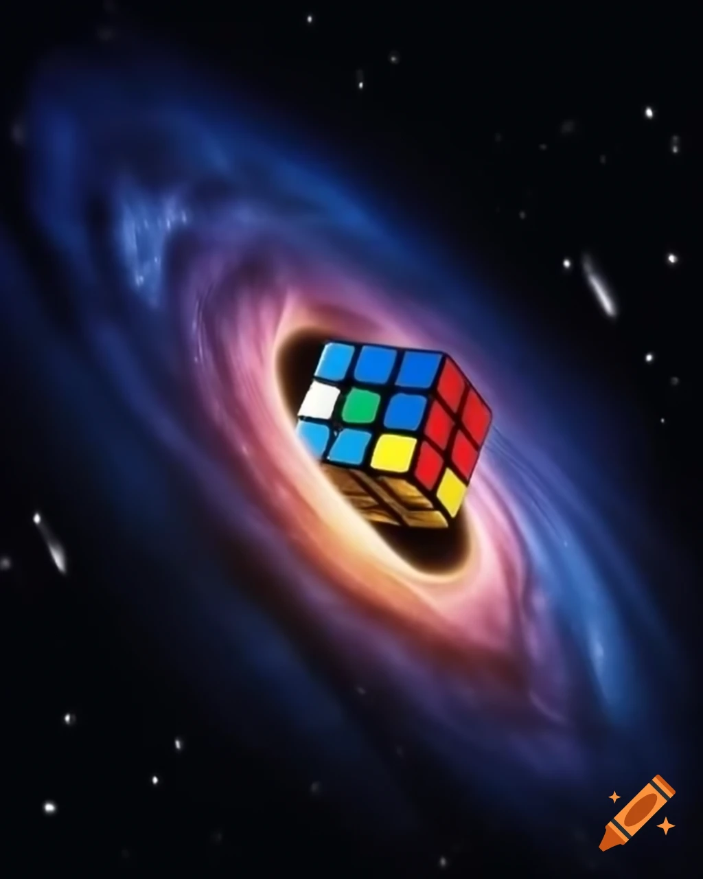 Galaxy featuring a large number one and a rubik s cube emerging from a