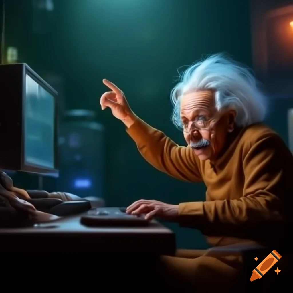 Albert Einstein playing Counter Strike on PC with mouse and keyboard