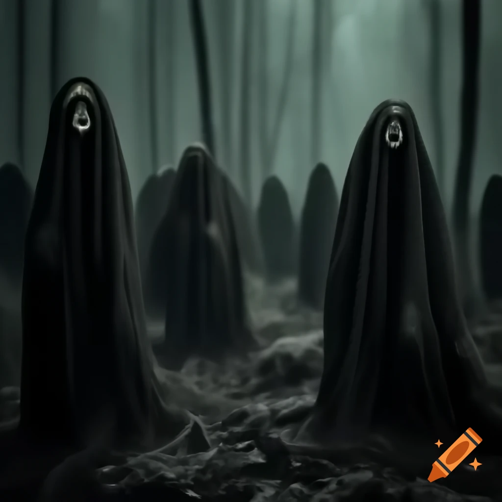 Dark vintage scene of dead forest with ghostly apparitions