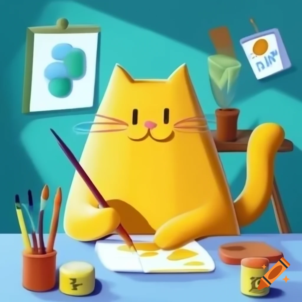 Yellow cat painting with brush in watercolor style
