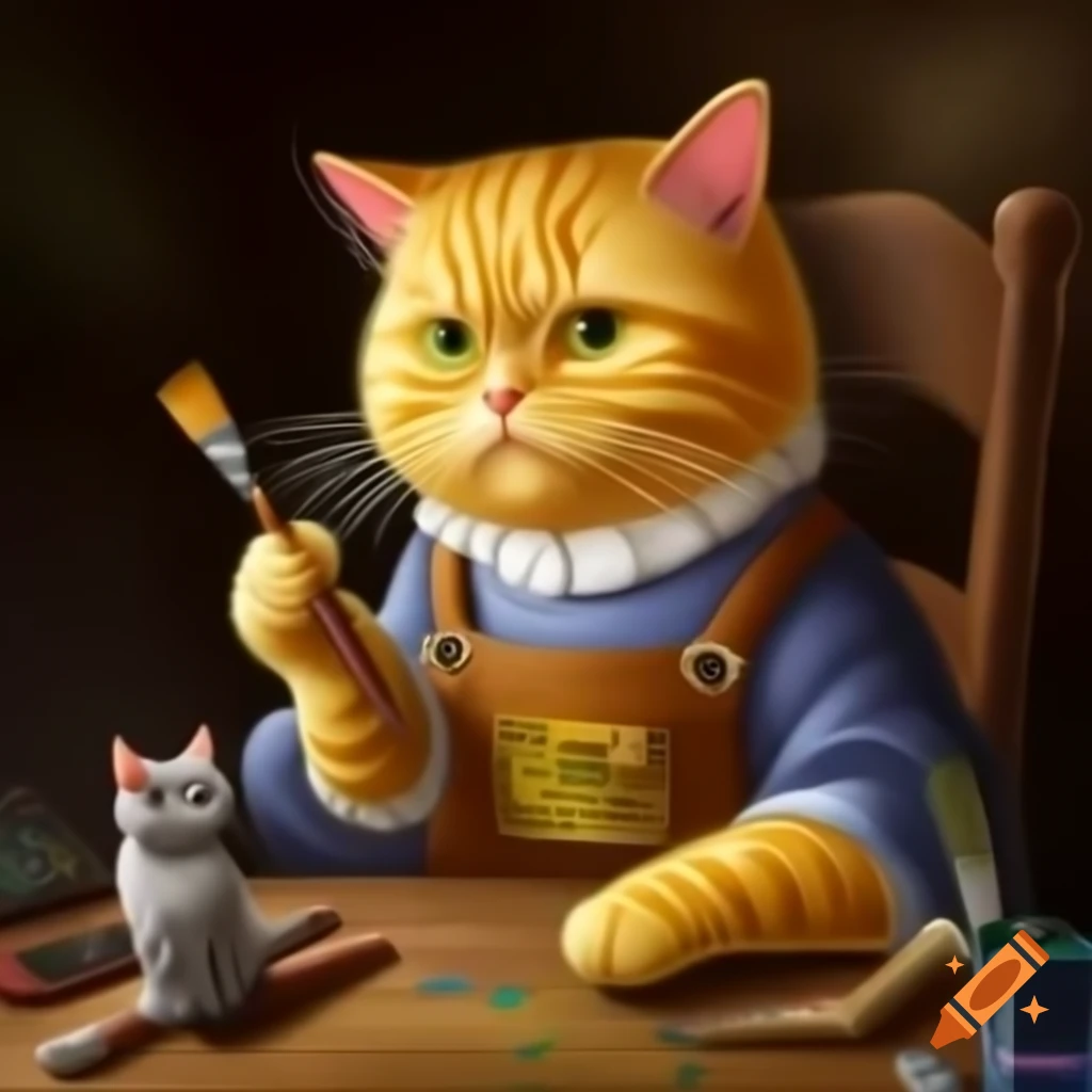 Realistic yellow cat artist drawing with paintbrush in mystical setting