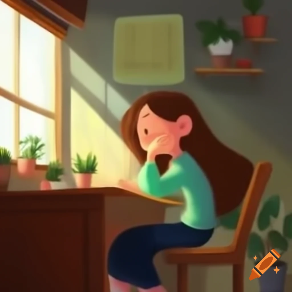 Happy 34-year-old woman deep in thought at wooden desk