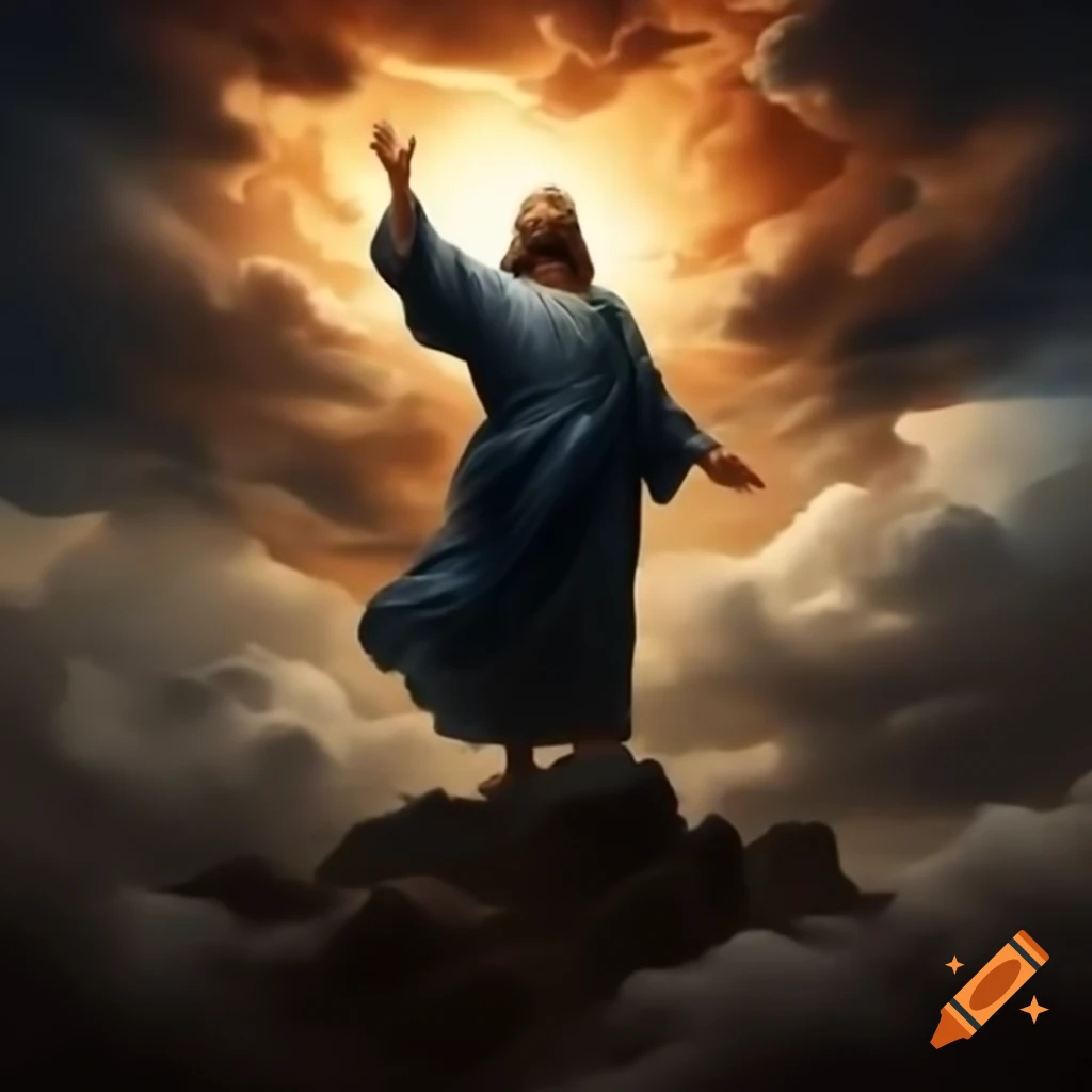 Prophet Elijah on Mount Carmel confronting the prophets of Baal under dramatic clouds