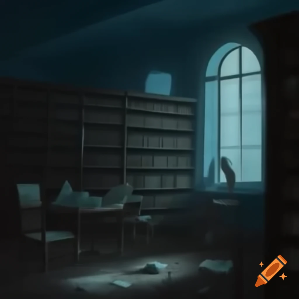 Gloomy library interior with dim lighting