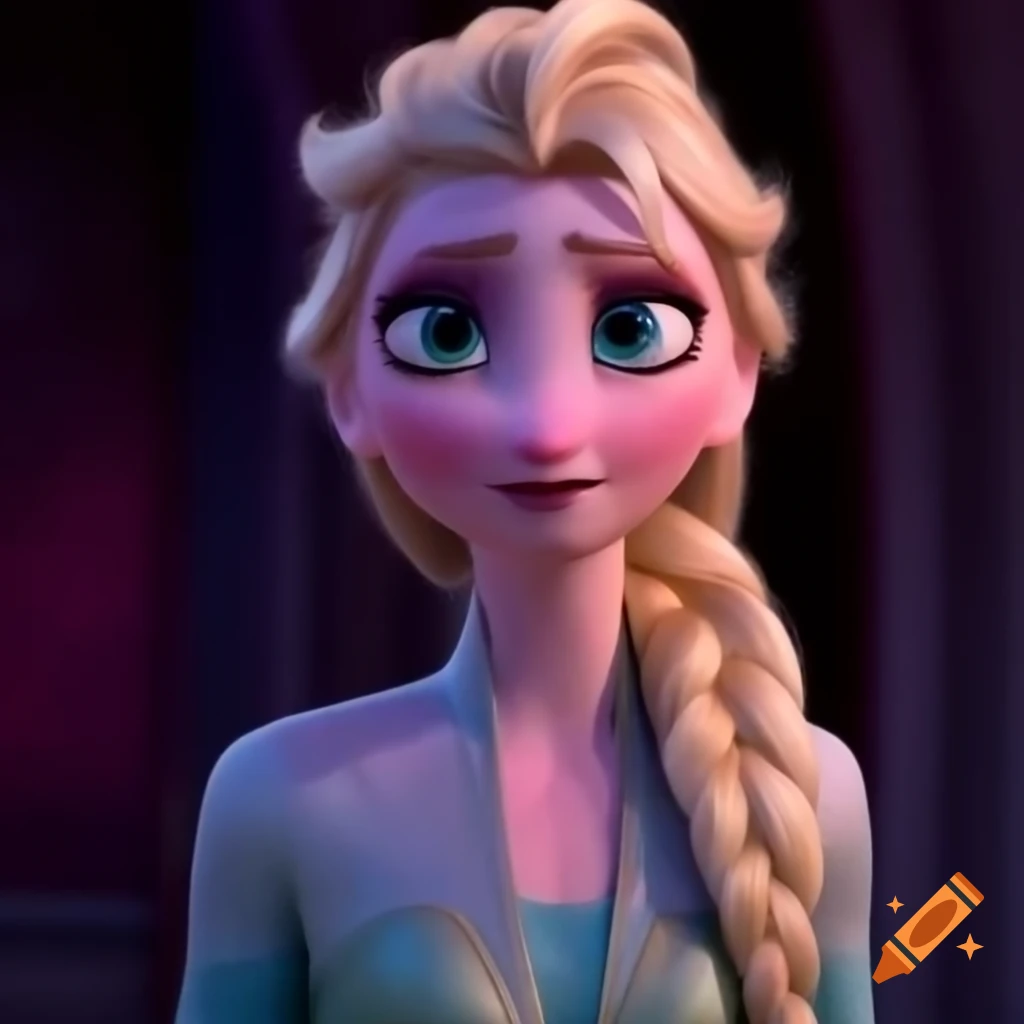 Woman resembling Elsa with braided golden hair and blue eyes, wearing gold snowflake earrings