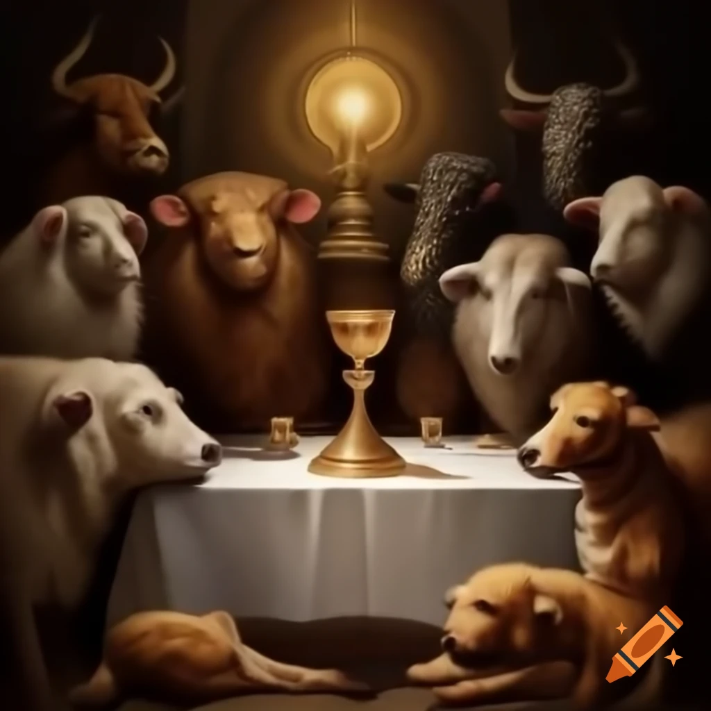 Humans and animals gathered around holy eucharist on a table