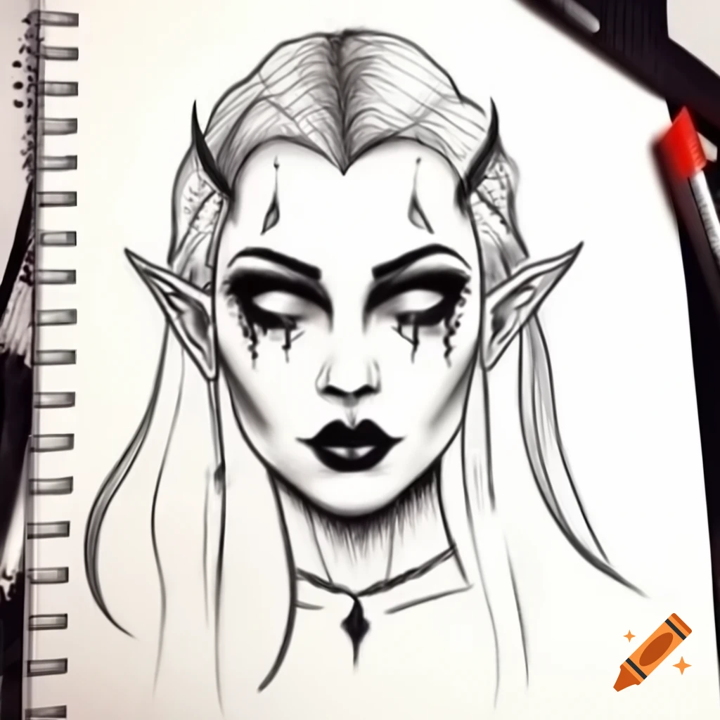 Black line drawing of a girl elf with flower in hair for coloring on