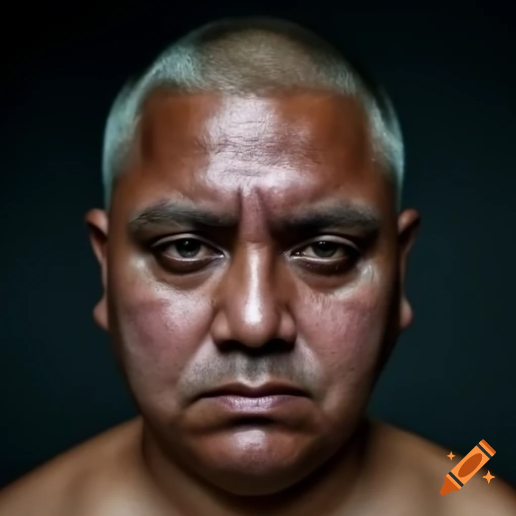 Close-up of a man with acne scars and balding hair
