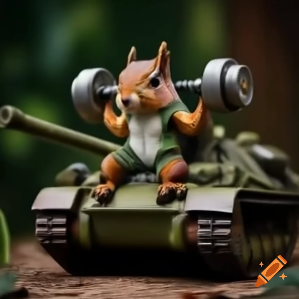 Muscular squirrel soldier in army outfit on KV-2 tank lifting dumbbell