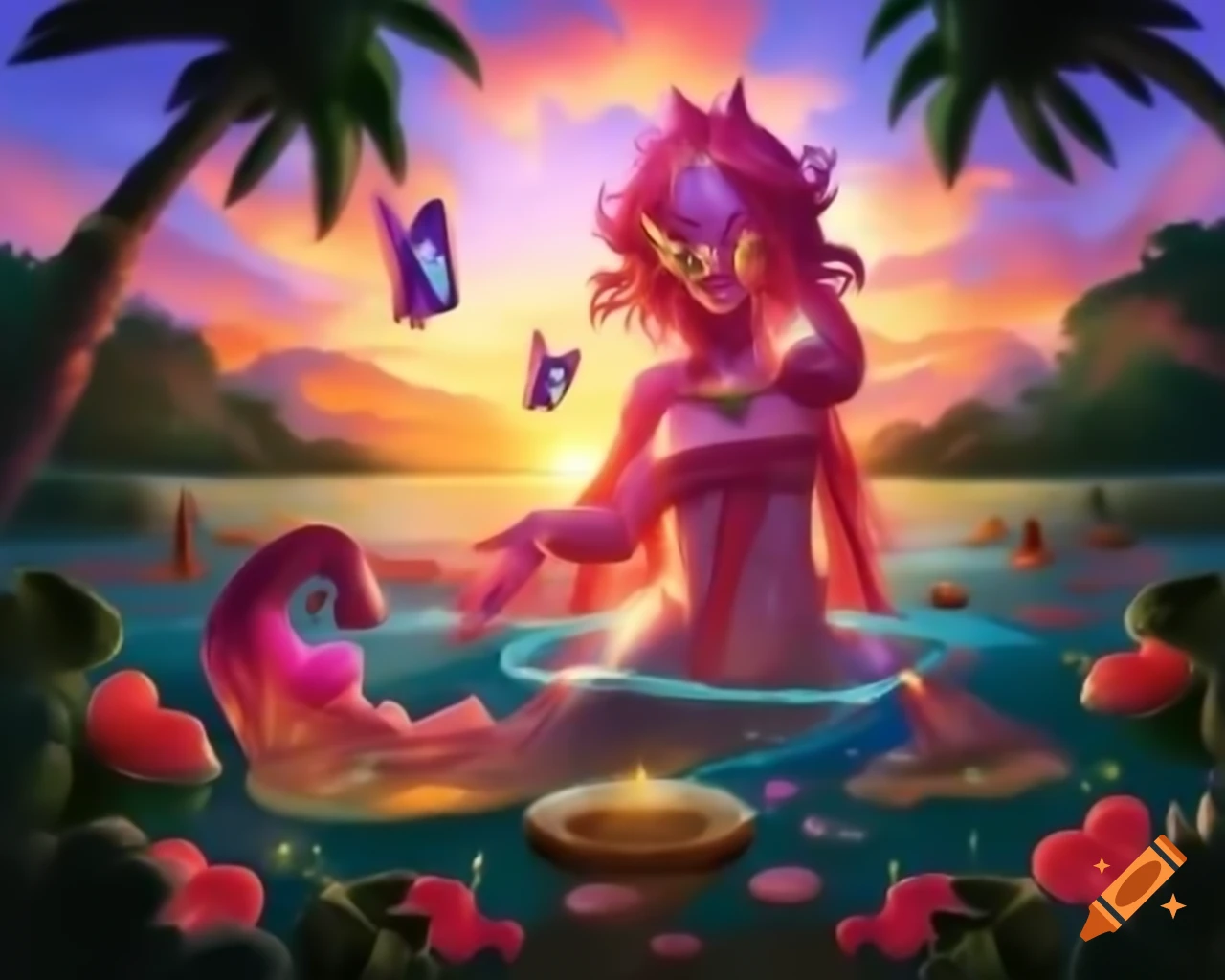 Beautiful woman with surreal wig of vibrant objects in sunset light