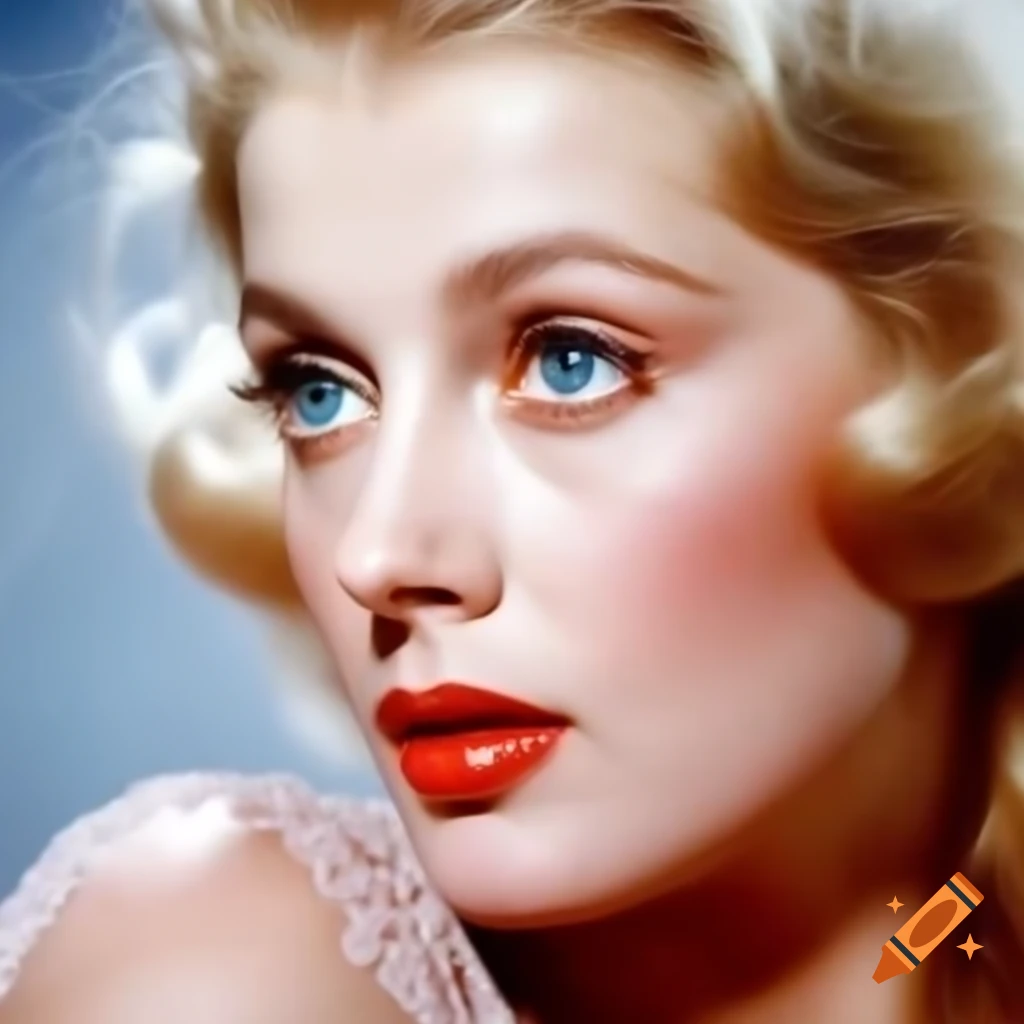 Hyper-realistic photograph of a beautiful European actress from 1963 with porcelain skin and blue eyes