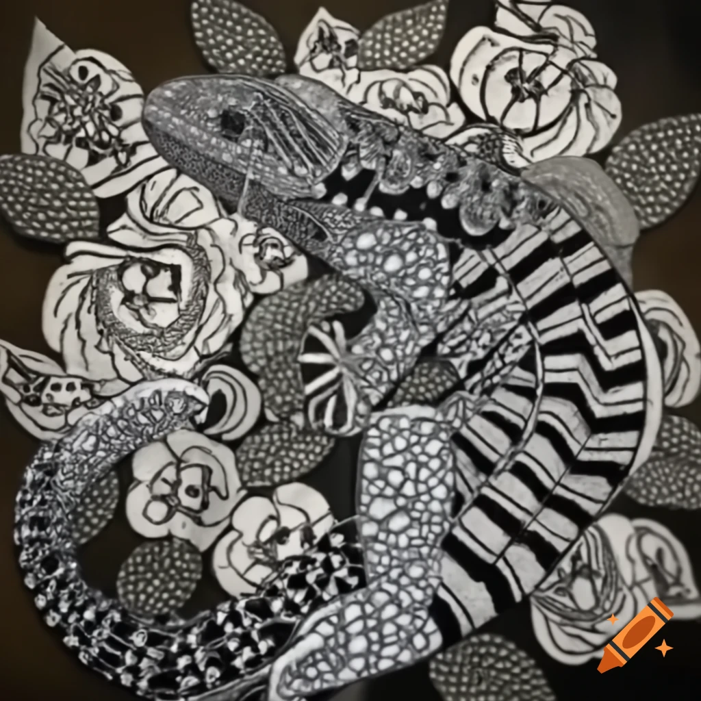 Zentangle artwork featuring a lizard or gecko design