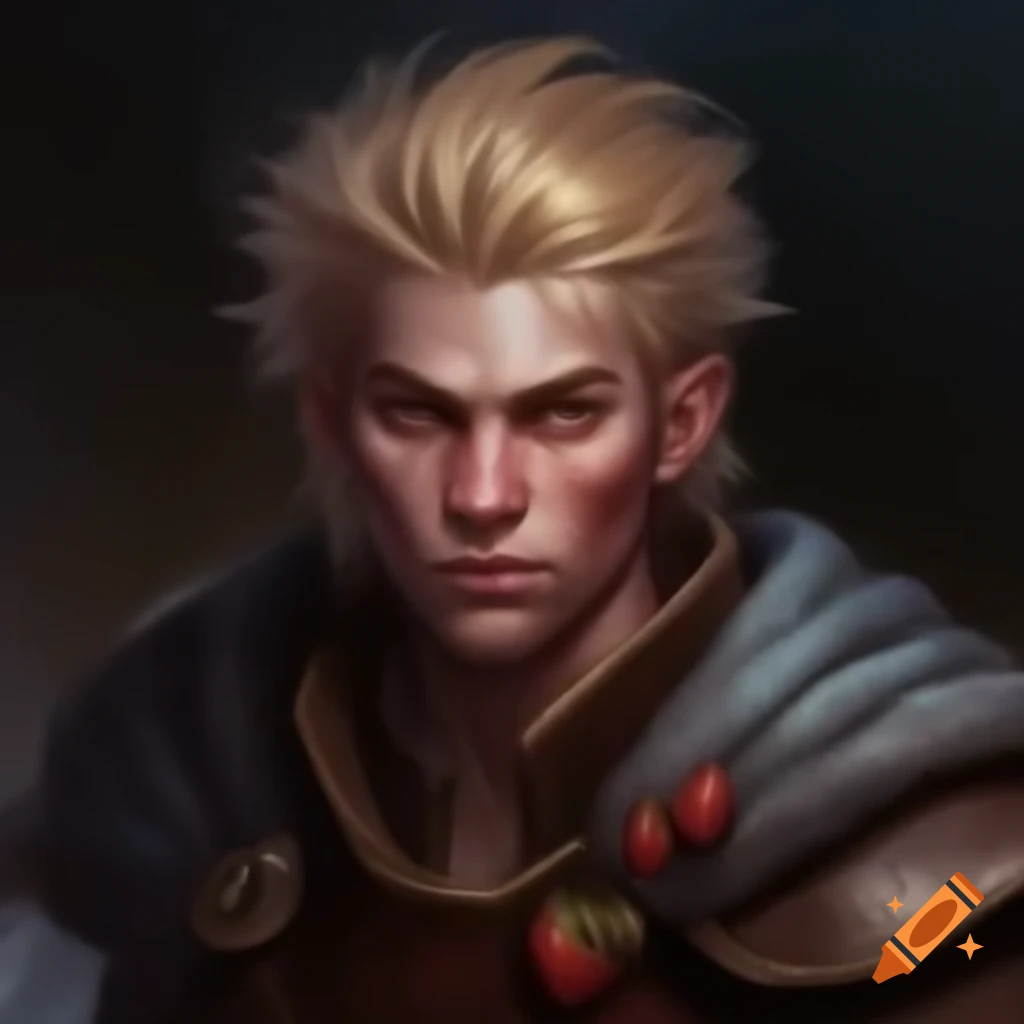 Human male character with messy strawberry blonde hair and tattered blue robes over leather armor
